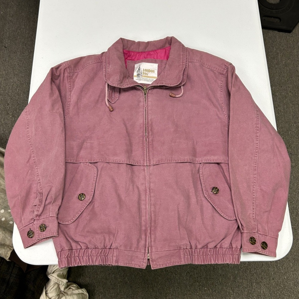 London Fog Bomber Jacket Womens M Pink Canvas Zip Up Drawstring Collar Vintage